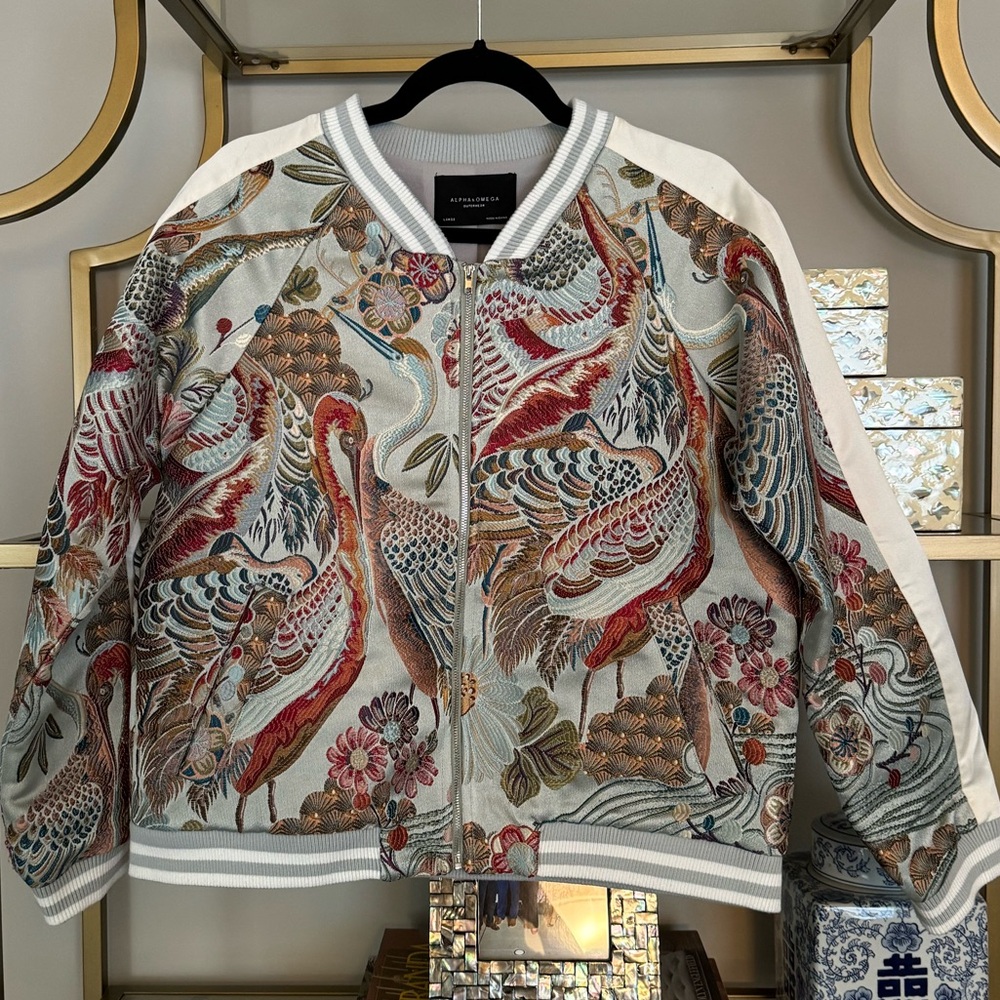 Alpha & Omega Size Large Embroidered Bird & Floral detail bomber varsity jacket